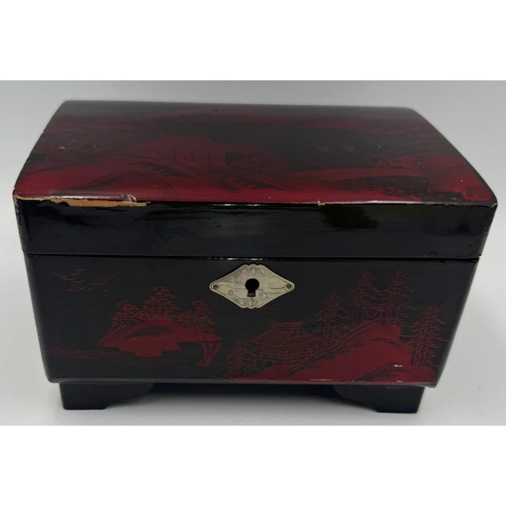 Vintage Japanese Black Red Lacquer Jewelry‎ & Music Box Mount Fuji Pagoda Footed